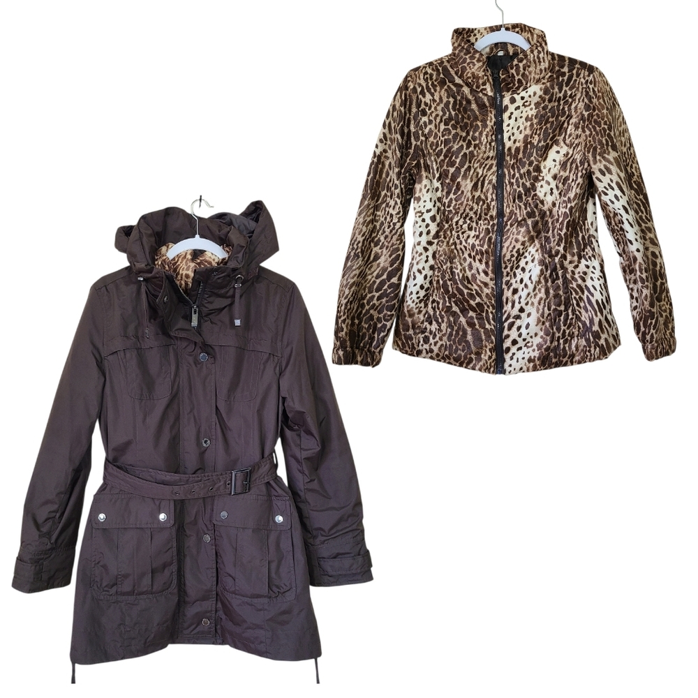 Hawke & Co 3 in 1 Brown Womens S Jacket Leopard Animal Print‎ Parka Rain Coat